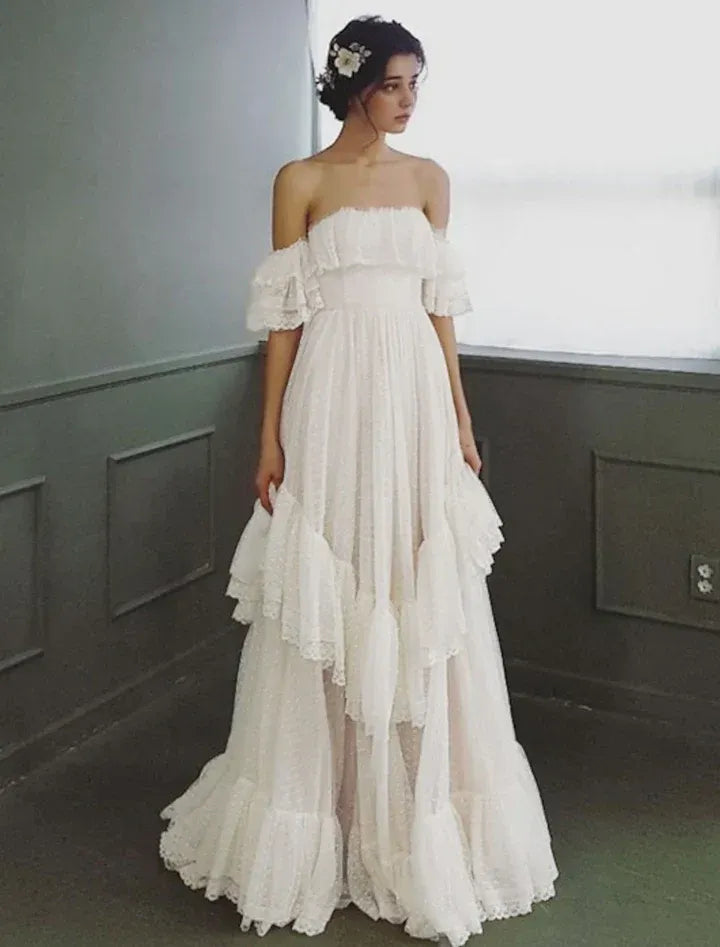 White Off-the-Shoulder Tiered Ruffle Tulle Gown