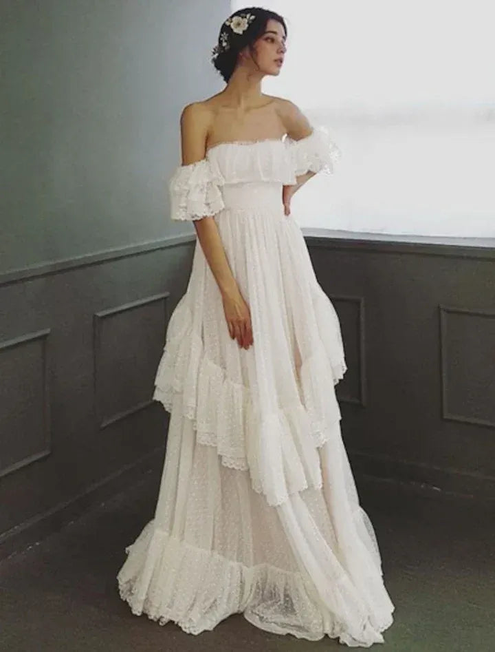 White Off-the-Shoulder Tiered Ruffle Tulle Gown