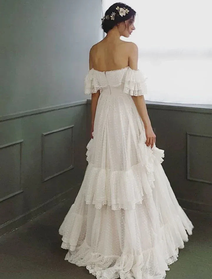 White Off-the-Shoulder Tiered Ruffle Tulle Gown