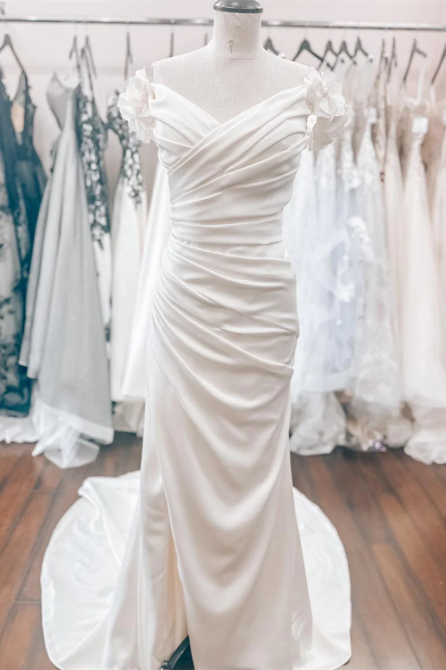 White Off-the-Shoulder Wedding Dress with 3D Floral Appliques and Lace-Up Back