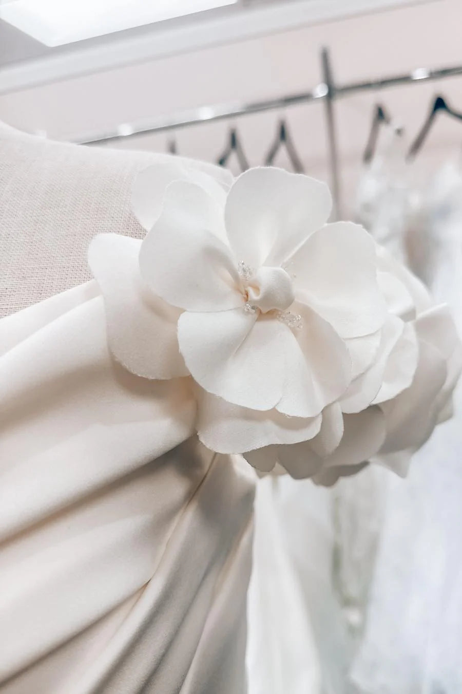 White Off-the-Shoulder Wedding Dress with 3D Floral Appliques and Lace-Up Back