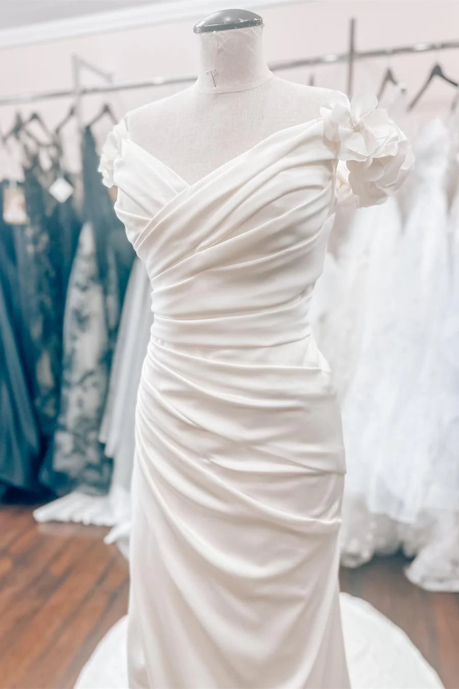 White Off-the-Shoulder Wedding Dress with 3D Floral Appliques and Lace-Up Back