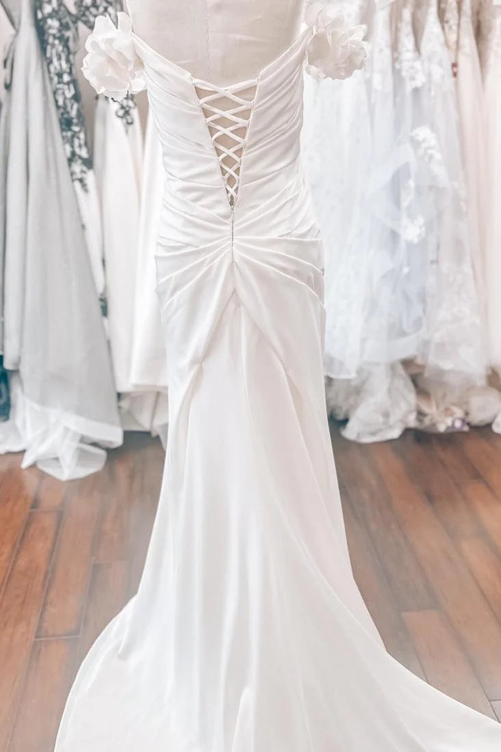 White Off-the-Shoulder Wedding Dress with 3D Floral Appliques and Lace-Up Back