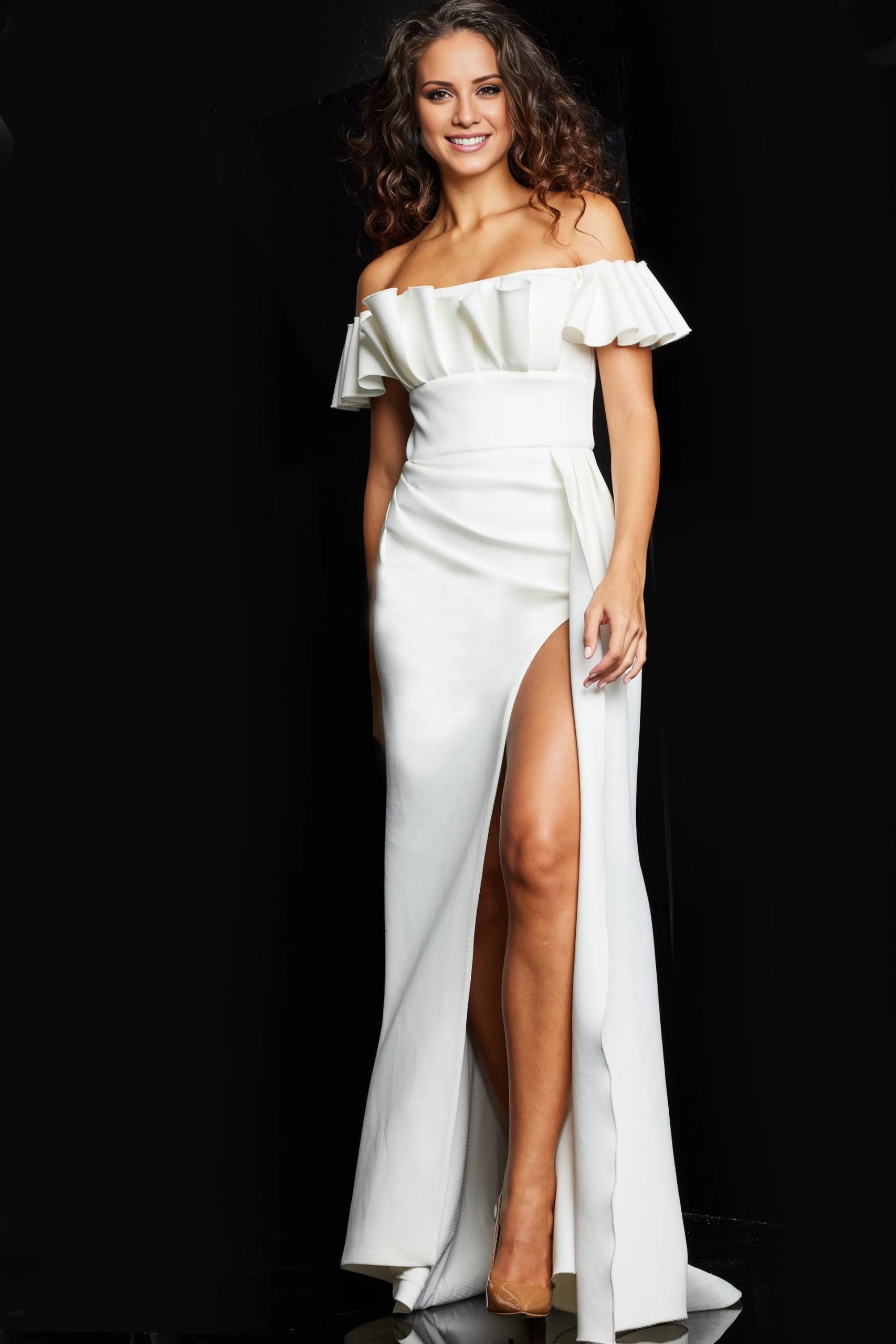 White Off the Shoulder Split Fork Long Dress Evening Dresses