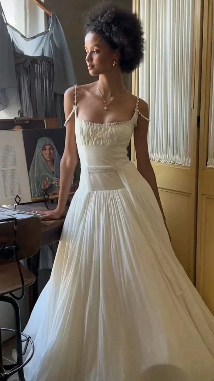 White Pearl Spaghetti Strap Square Neck Smocked Bodice A-Line Maxi Gown with Train