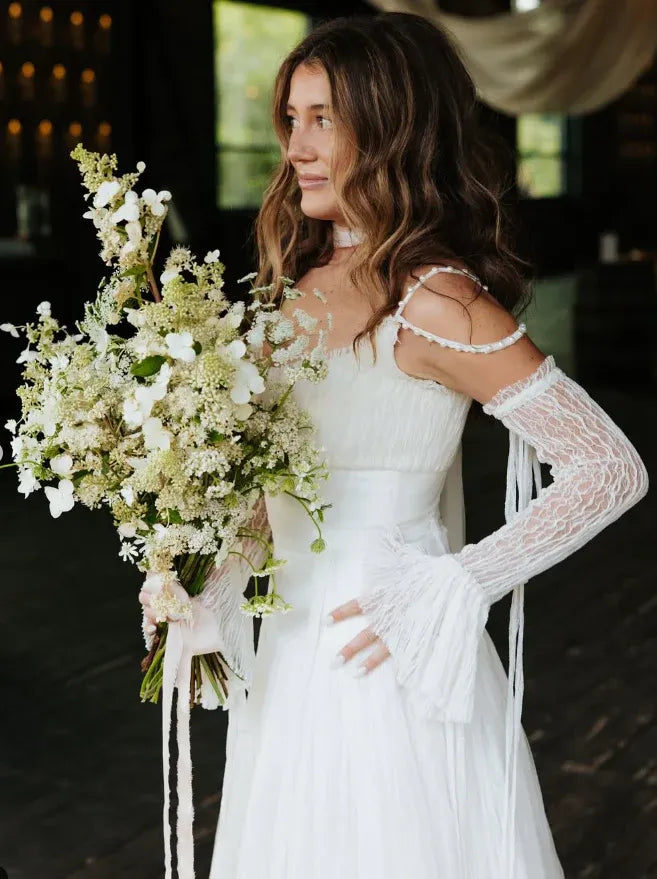 White Pearl Spaghetti Strap Square Neck Smocked Bodice A-Line Maxi Gown with Train
