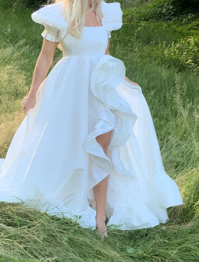 White Puff-Sleeve Ruffled High-Low Maxi Gown
