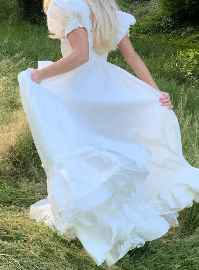 White Puff-Sleeve Ruffled High-Low Maxi Gown