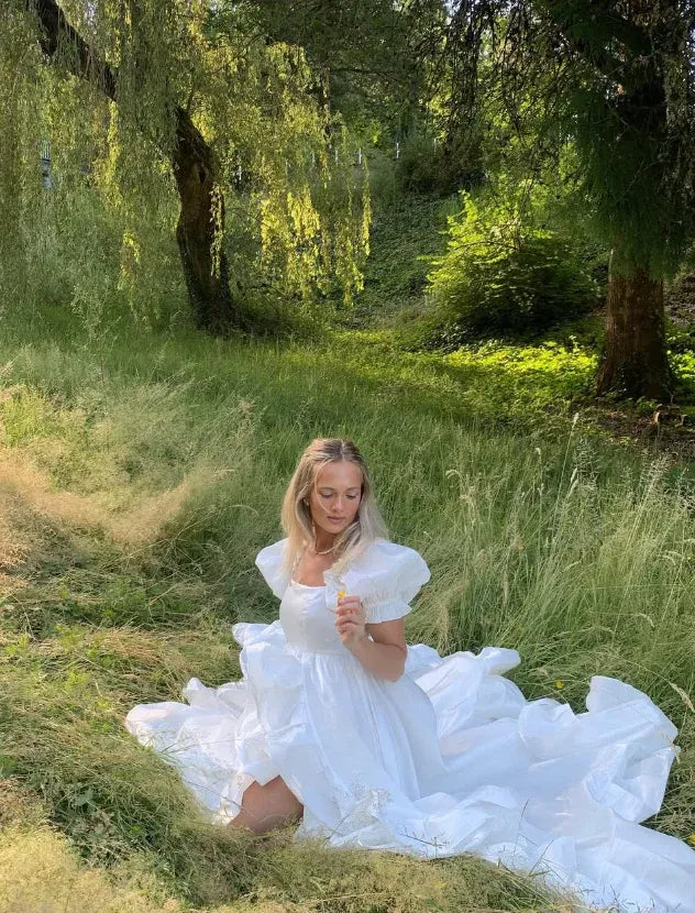 White Puff-Sleeve Ruffled High-Low Maxi Gown