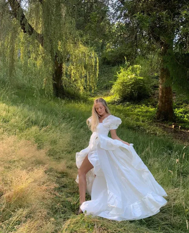 White Puff-Sleeve Ruffled High-Low Maxi Gown