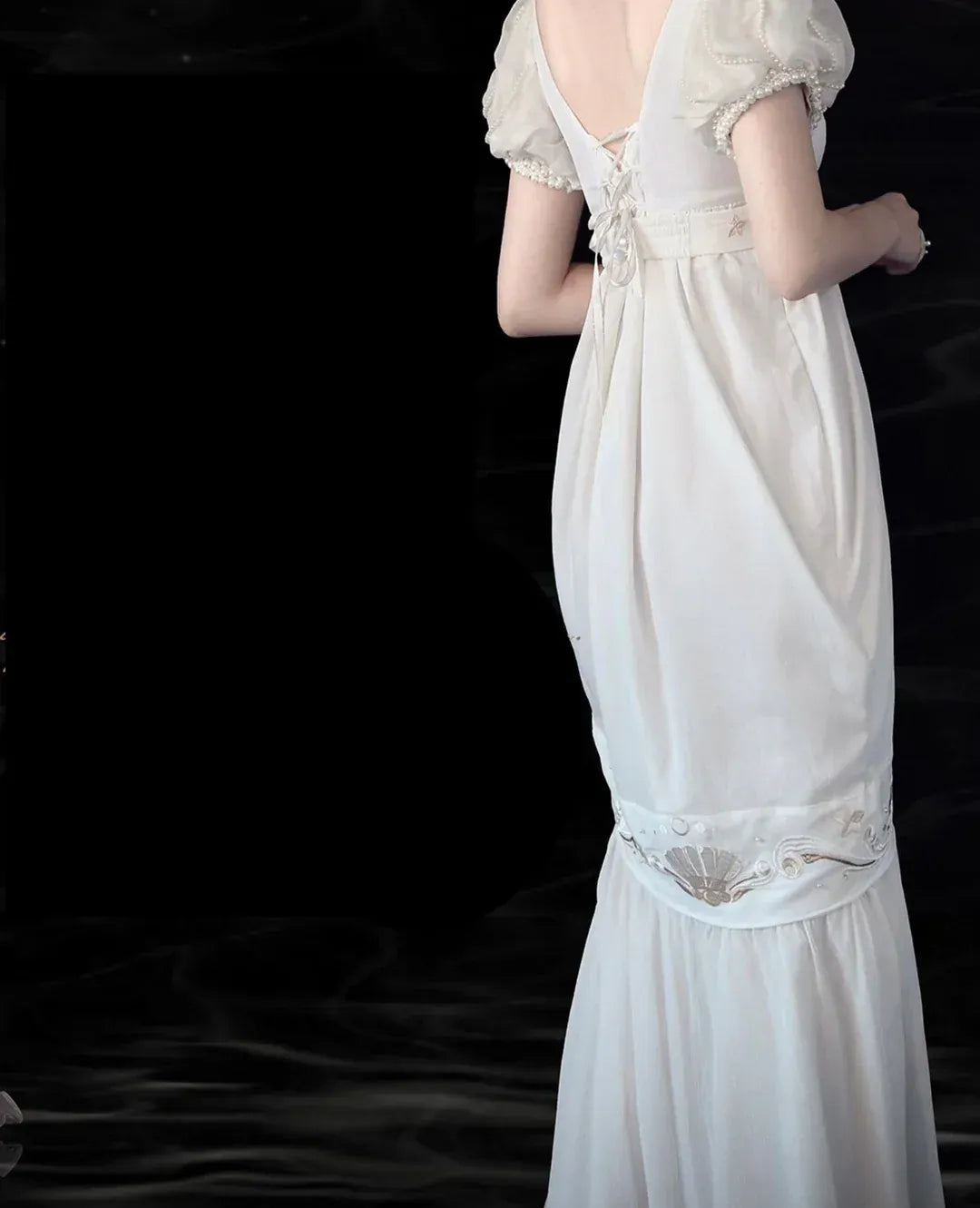 White Regency-Inspired Empire Waist Chiffon Maxi Gown with Embroidery & Train
