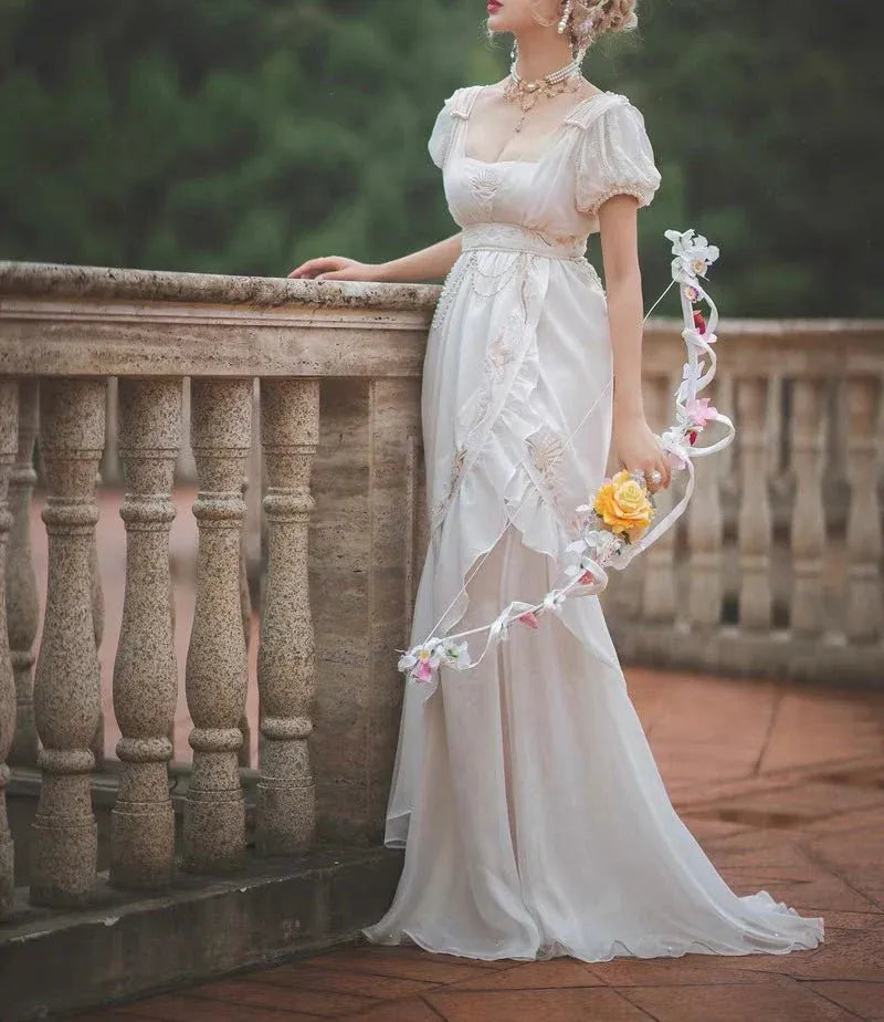 White Regency-Inspired Empire Waist Chiffon Maxi Gown with Embroidery & Train
