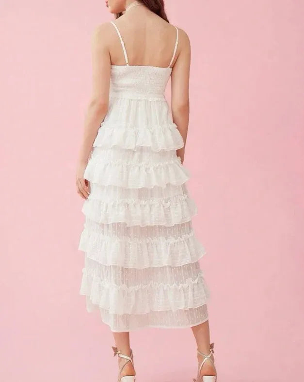 White Ruffled Tiered Midi Dress with Smocked Bodice