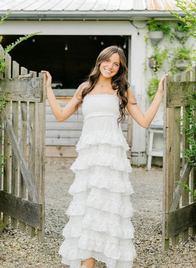 White Ruffled Tiered Midi Dress with Smocked Bodice