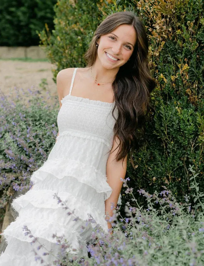 White Ruffled Tiered Midi Dress with Smocked Bodice