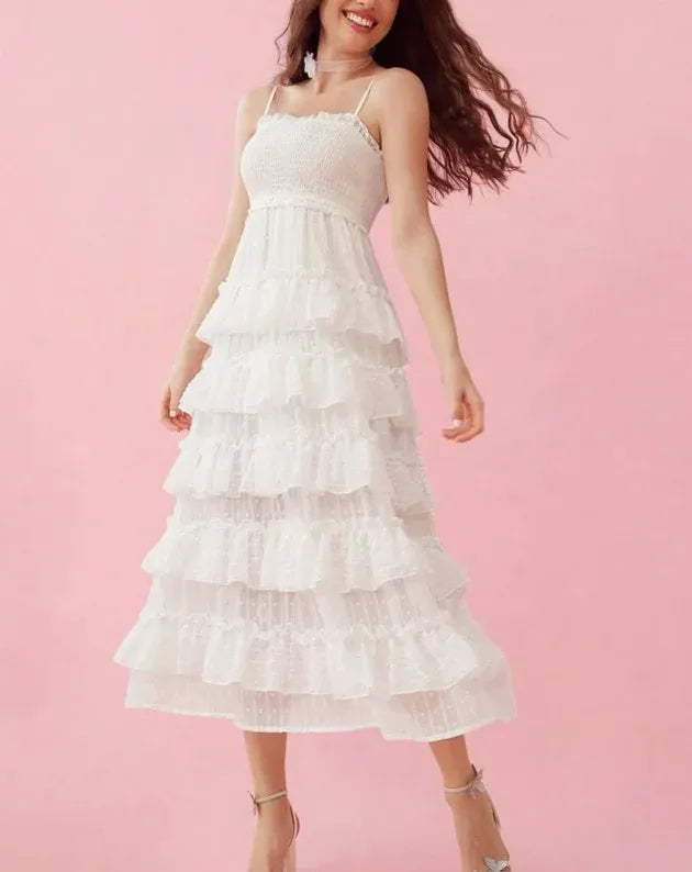 White Ruffled Tiered Midi Dress with Smocked Bodice