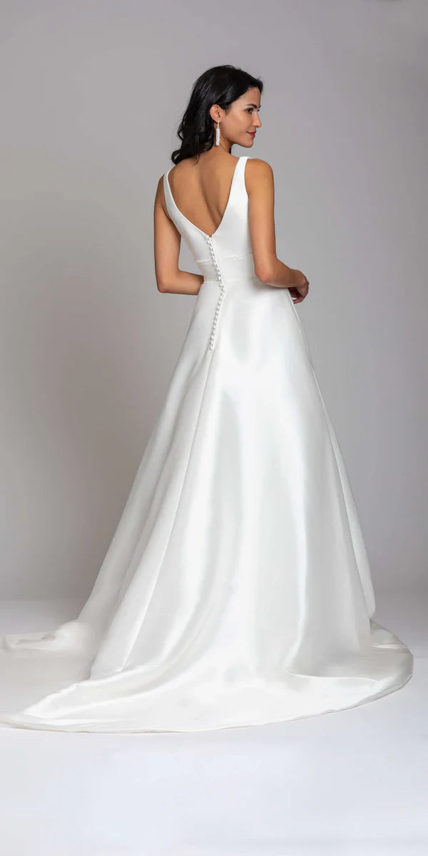 White Satin A-Line Wedding Dress with V-Neck, Beaded Waist and Buttoned Back Train