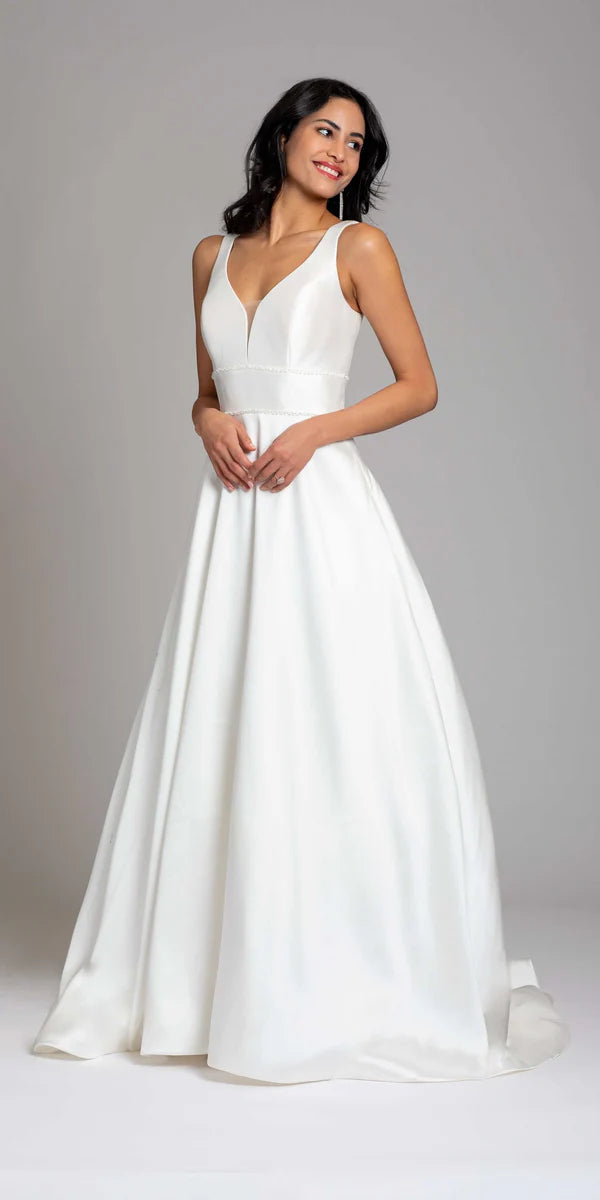 White Satin A-Line Wedding Dress with V-Neck, Beaded Waist and Buttoned Back Train