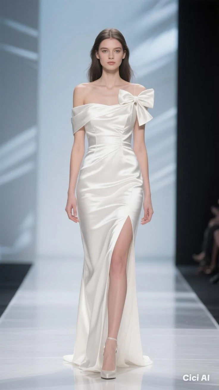 White Satin Bow Off-Shoulder Slit Wedding Dress