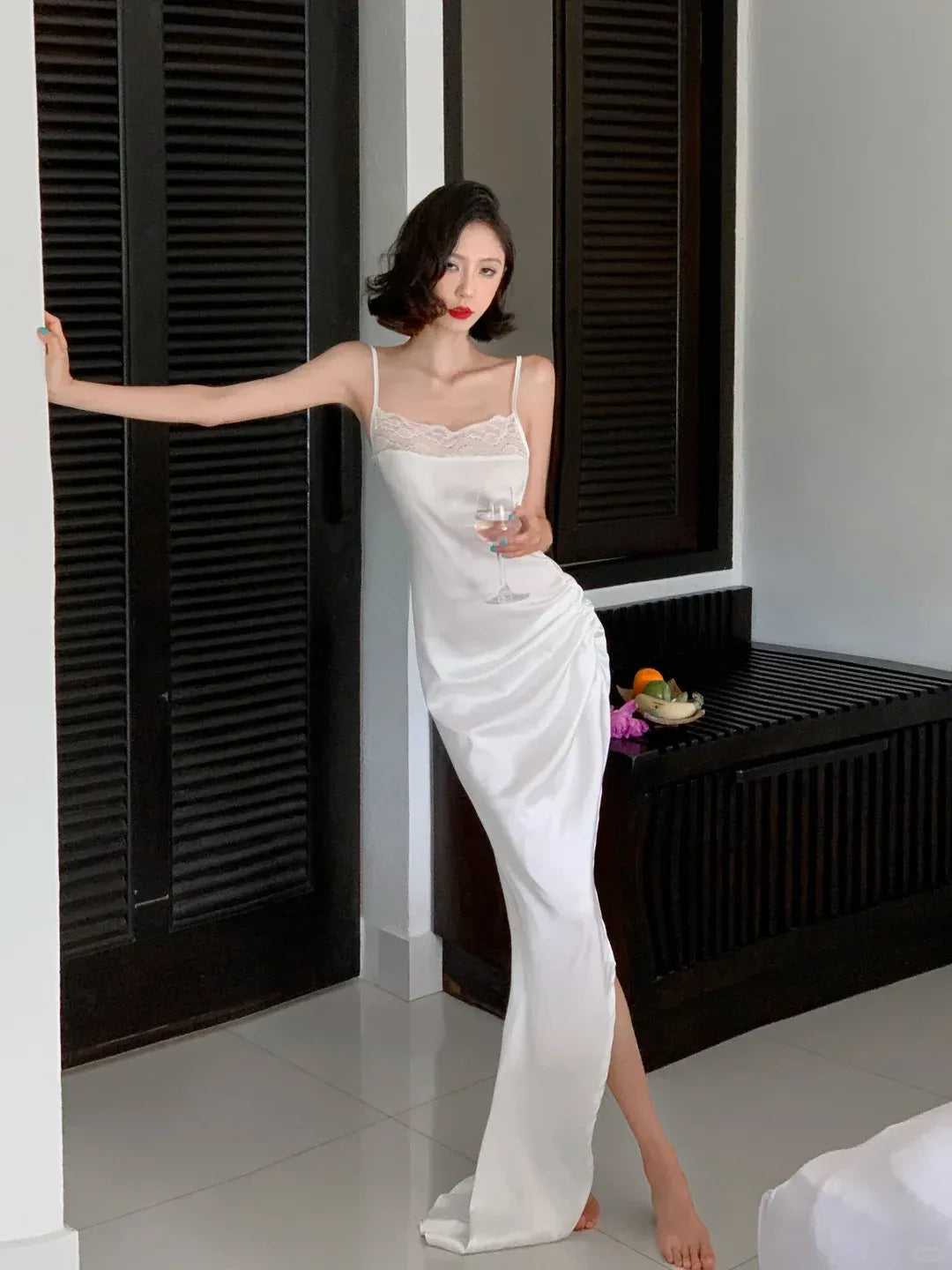 White Satin Lace Trim Open Back Maxi Dress with Train
