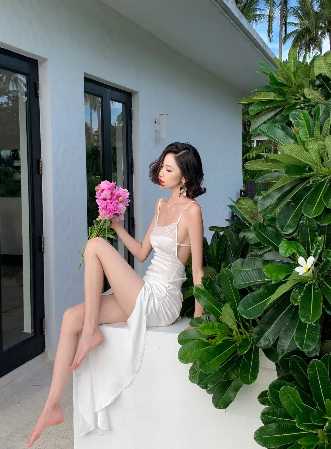 White Satin Lace Trim Open Back Maxi Dress with Train