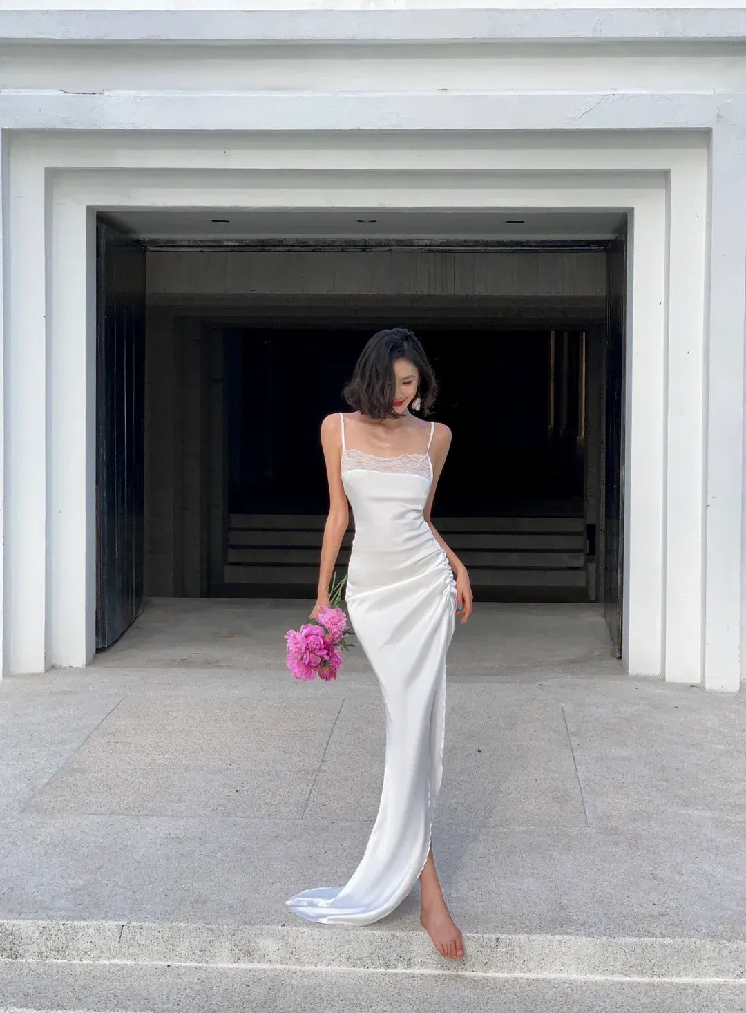 White Satin Lace Trim Open Back Maxi Dress with Train