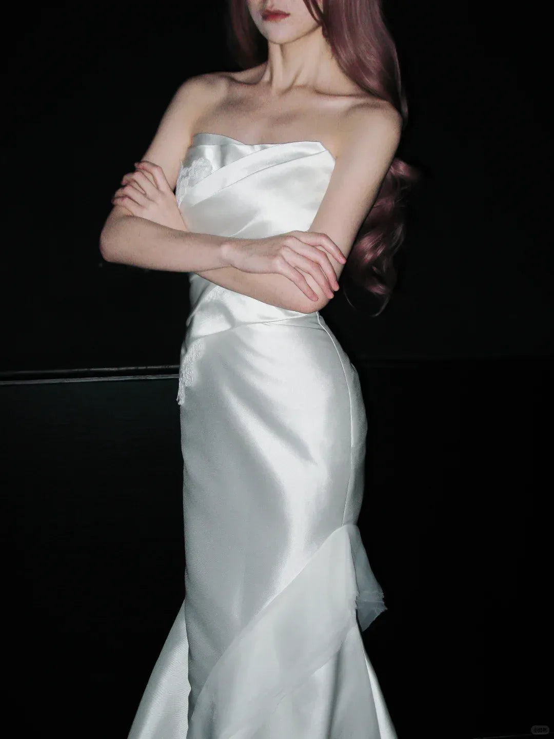 White Satin Mermaid Gown – Strapless Lace-Appliqué Prom Dress with Train