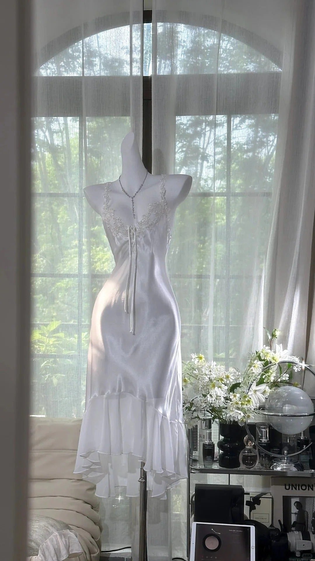 White Satin Midi Gown – Lace Trim Crisscross Back Ruffle Hem Formal Dress