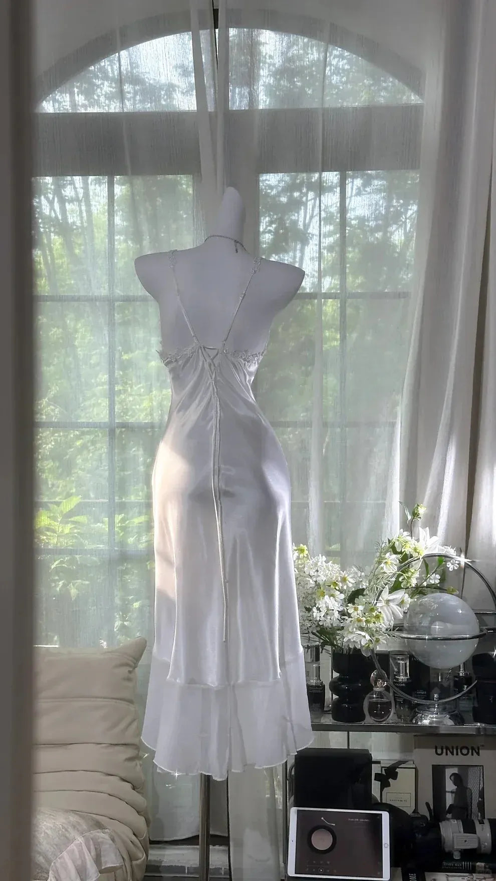 White Satin Midi Gown – Lace Trim Crisscross Back Ruffle Hem Formal Dress