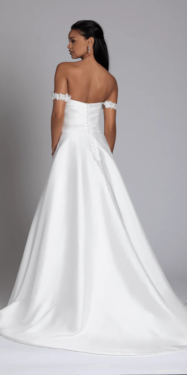 White Satin Off-the-Shoulder Wedding Dress with Floral Appliqués, Ruched Bodice and Pockets