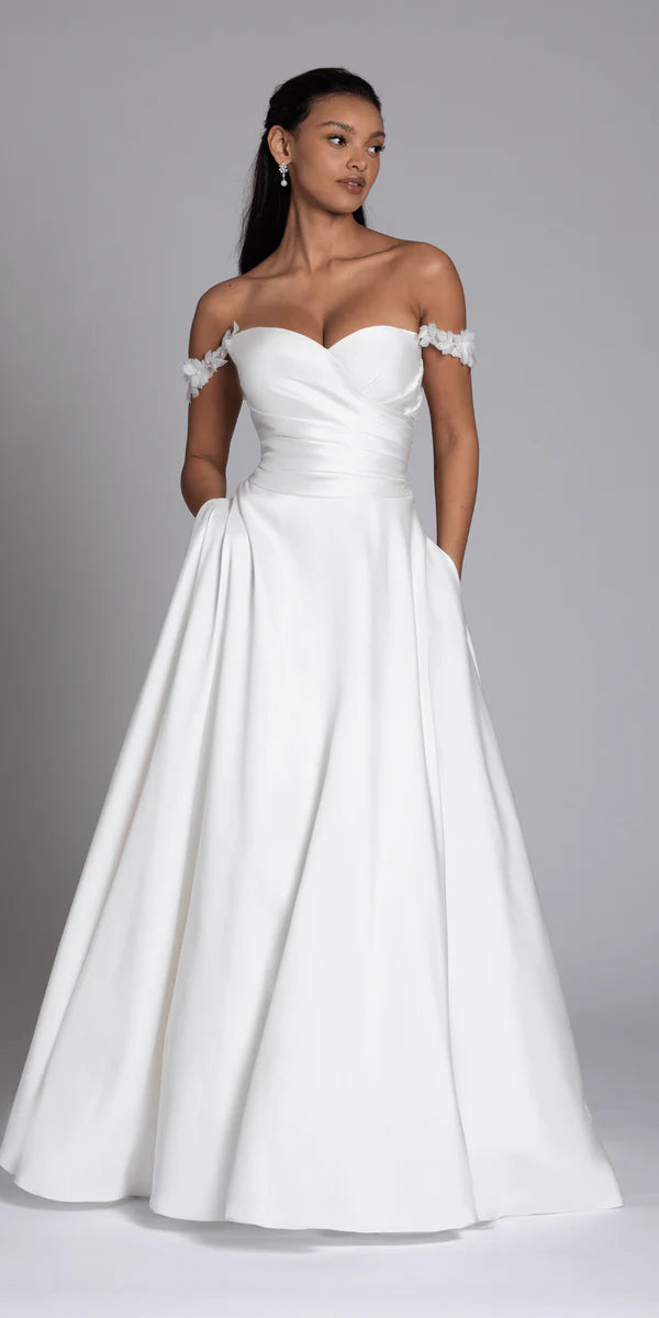 White Satin Off-the-Shoulder Wedding Dress with Floral Appliqués, Ruched Bodice and Pockets