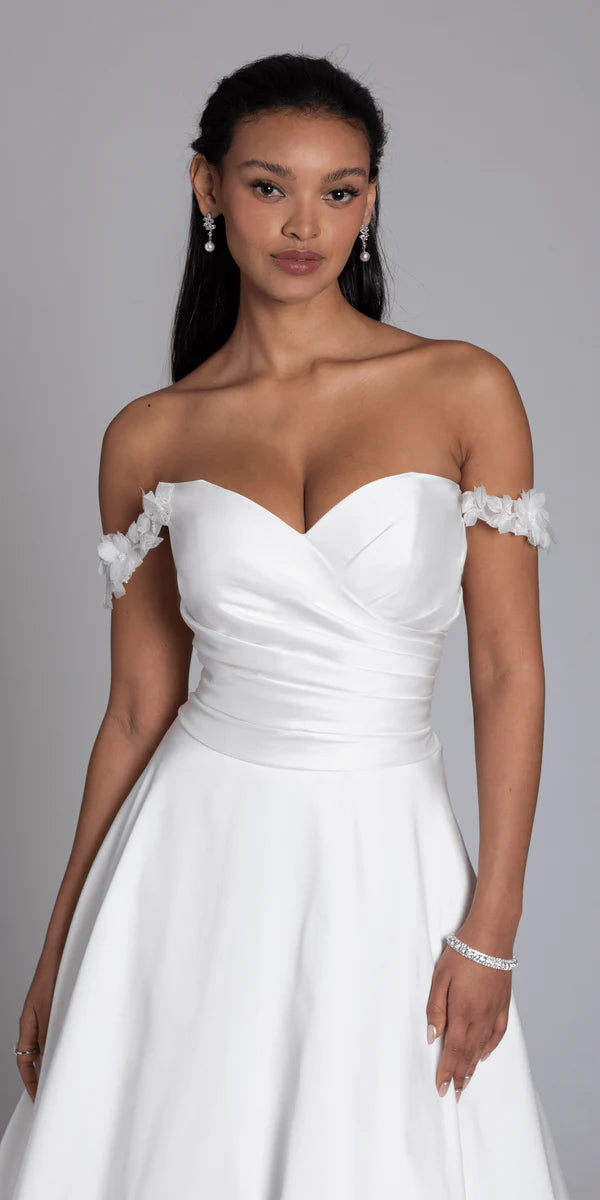 White Satin Off-the-Shoulder Wedding Dress with Floral Appliqués, Ruched Bodice and Pockets