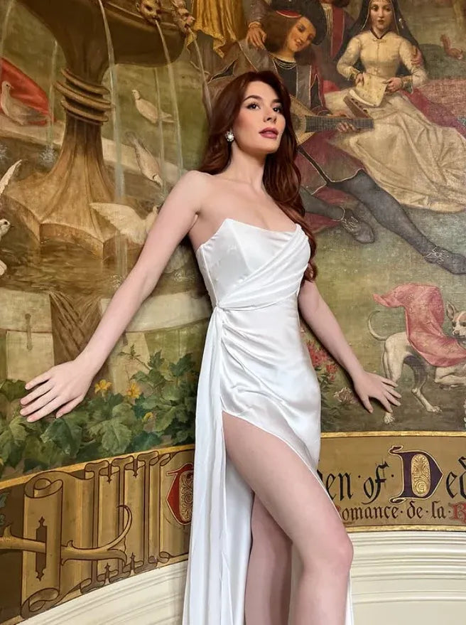 White Satin Side Tie Maxi Gown – Strapless Draped Bodycon Dress with High Thigh Slit