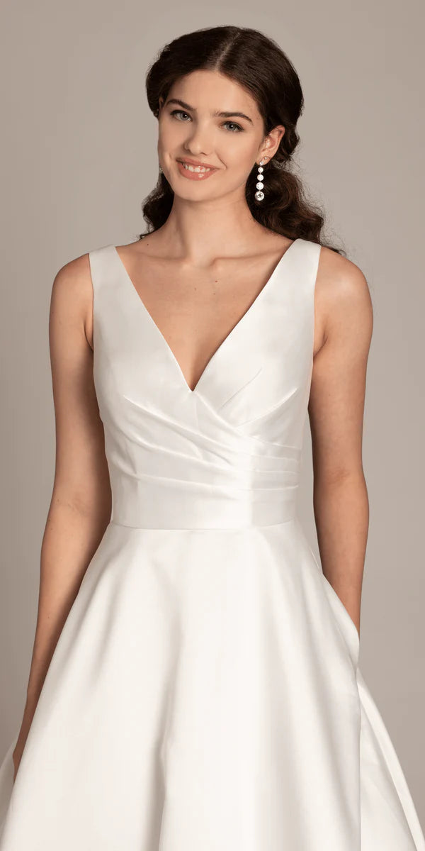 White Satin V-Neck Wedding Dress with Ruched Bodice, Pockets and Buttoned Back Train