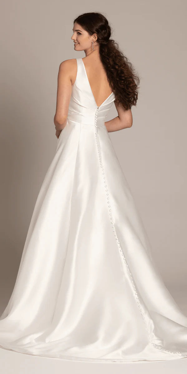 White Satin V-Neck Wedding Dress with Ruched Bodice, Pockets and Buttoned Back Train