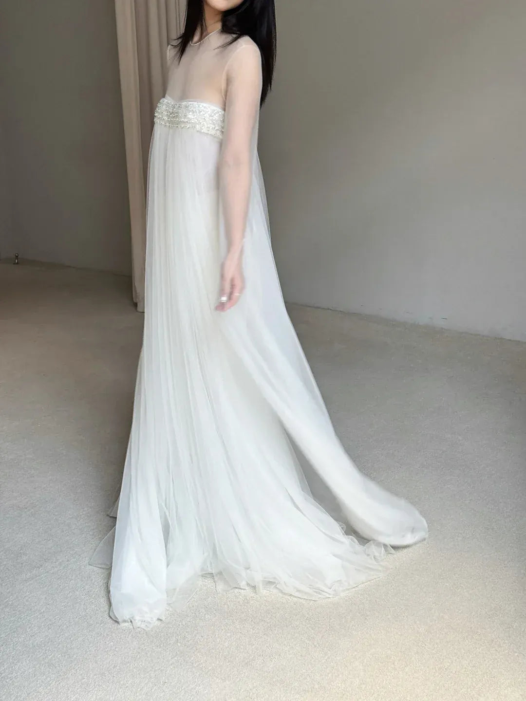 White Sheer Tulle Beaded Empire Waist Train Gown – Wedding Evening Dress