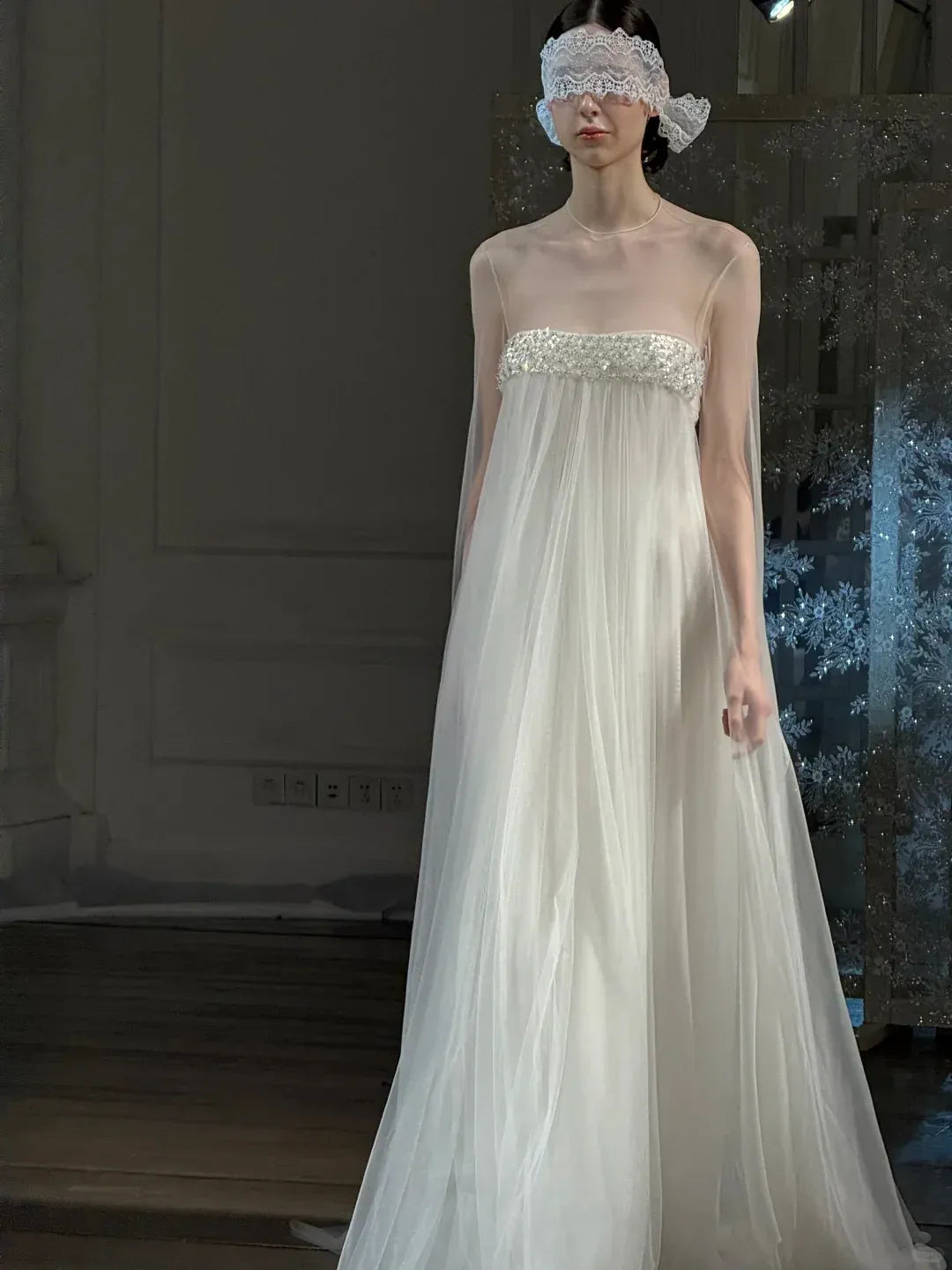 White Sheer Tulle Beaded Empire Waist Train Gown – Wedding Evening Dress
