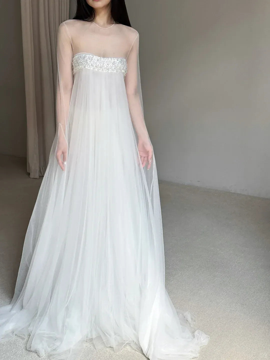 White Sheer Tulle Beaded Empire Waist Train Gown – Wedding Evening Dress