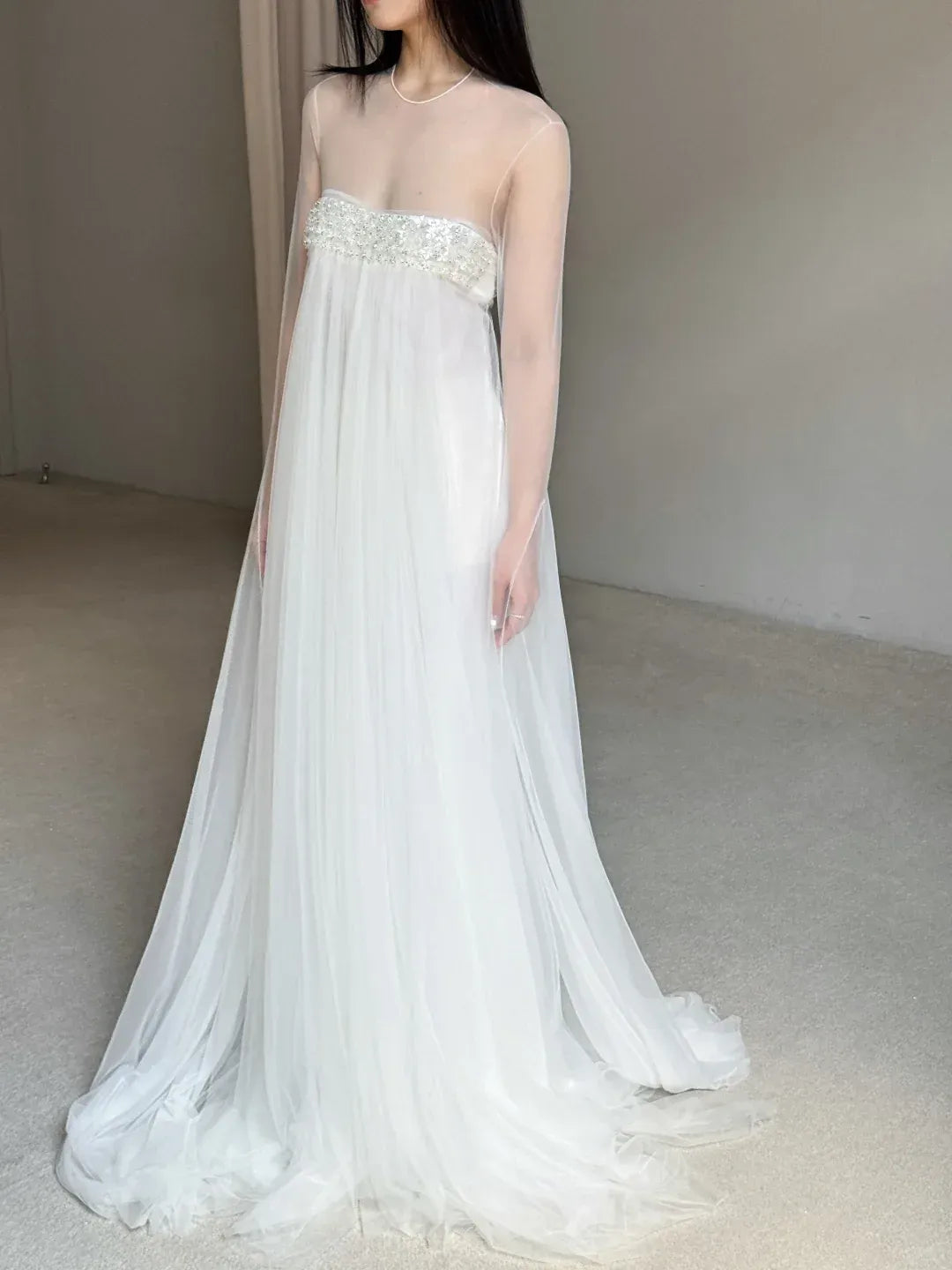 White Sheer Tulle Beaded Empire Waist Train Gown – Wedding Evening Dress