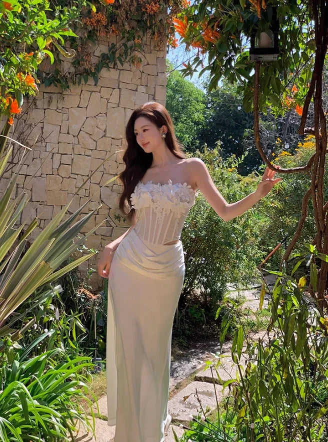 White Strapless 3D Floral Corset Maxi Dress