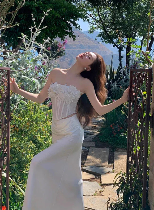 White Strapless 3D Floral Corset Maxi Dress
