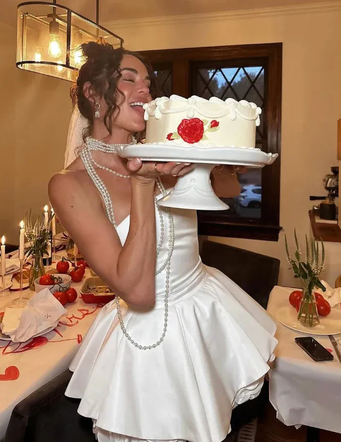 White Strapless Satin Peplum Mini Dress with Pearls & Veil