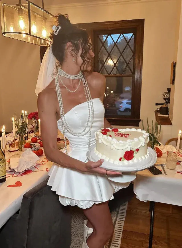 White Strapless Satin Peplum Mini Dress with Pearls & Veil
