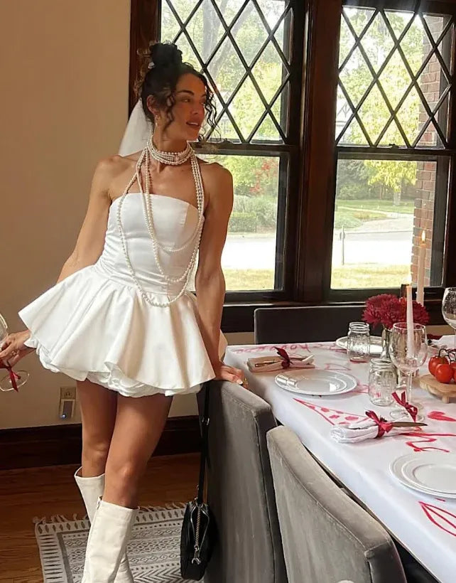 White Strapless Satin Peplum Mini Dress with Pearls & Veil
