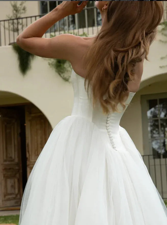 White Strapless Satin Tulle Ball Gown – Modern Minimalist Wedding Dress