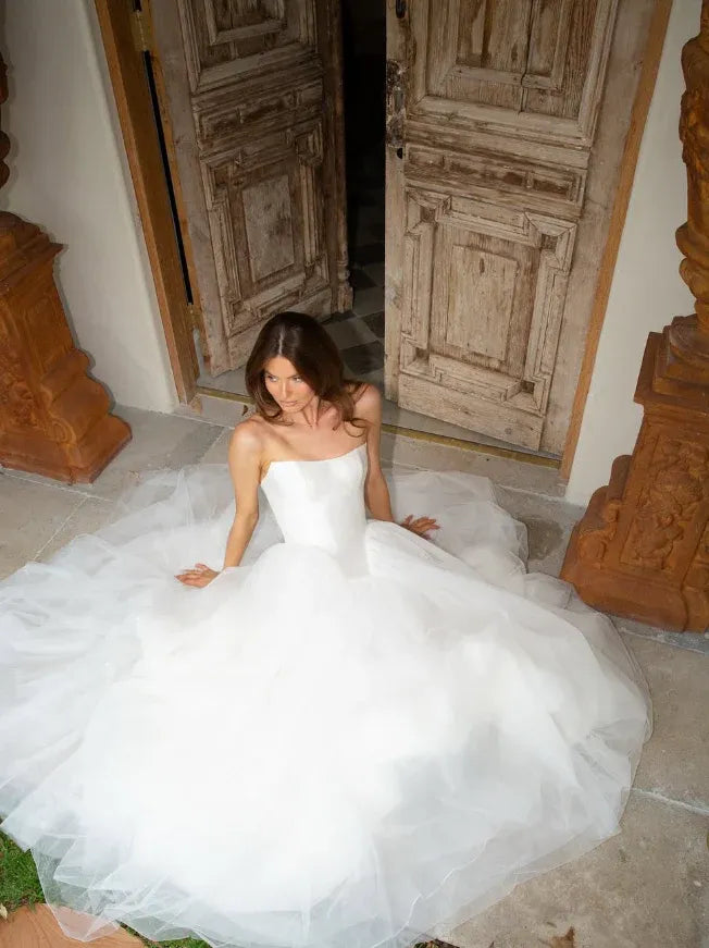 White Strapless Satin Tulle Ball Gown – Modern Minimalist Wedding Dress