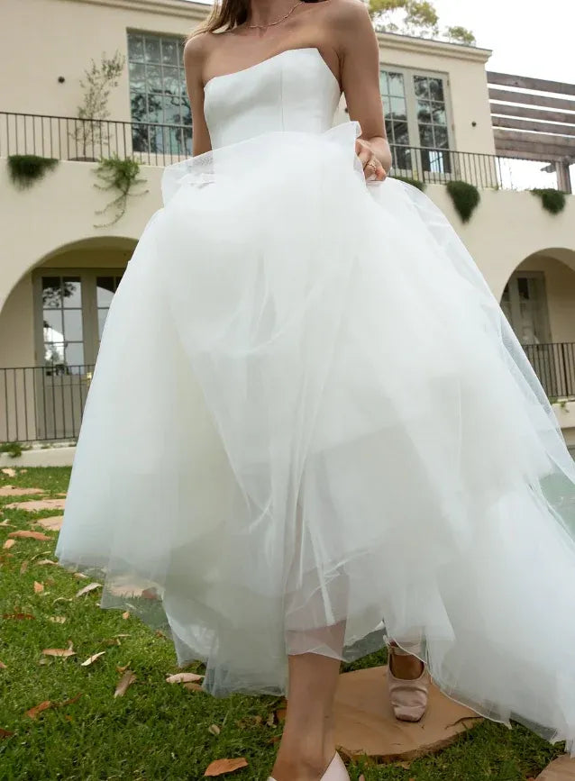 White Strapless Satin Tulle Ball Gown – Modern Minimalist Wedding Dress