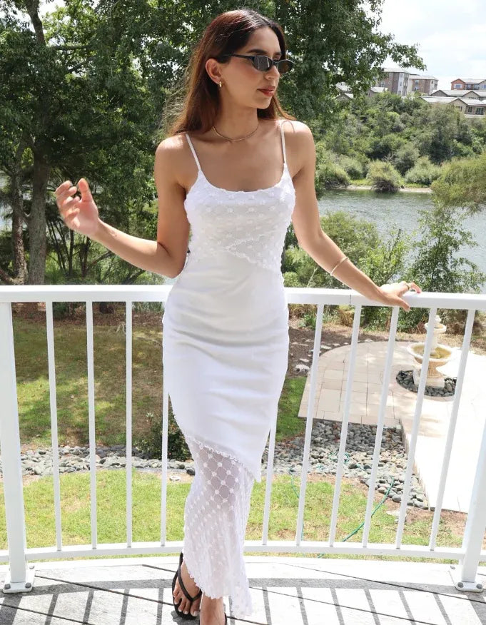 White Textured Lace Spaghetti Strap Asymmetrical Midi Gown