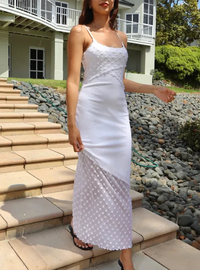 White Textured Lace Spaghetti Strap Asymmetrical Midi Gown