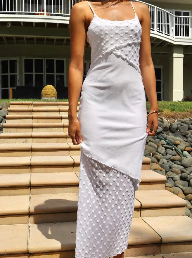 White Textured Lace Spaghetti Strap Asymmetrical Midi Gown